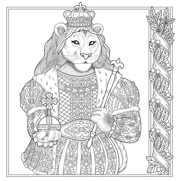 Lion Animal Portrait Fairytale Design Coloring Book Page Adults Kids — Stock Vector