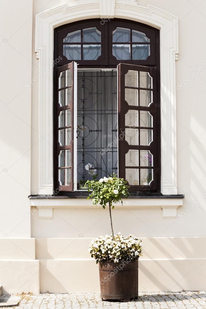 Large dark wooden window in the wall of the palace.