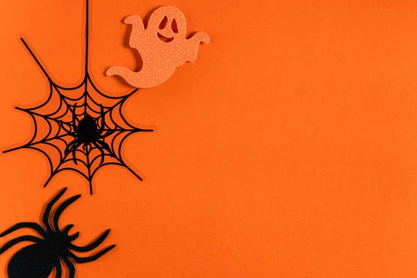 Top View Kreatív Halloween Koncepció Dekoráció Narancssárga Papír Asztal Háttér — Stock Fotó