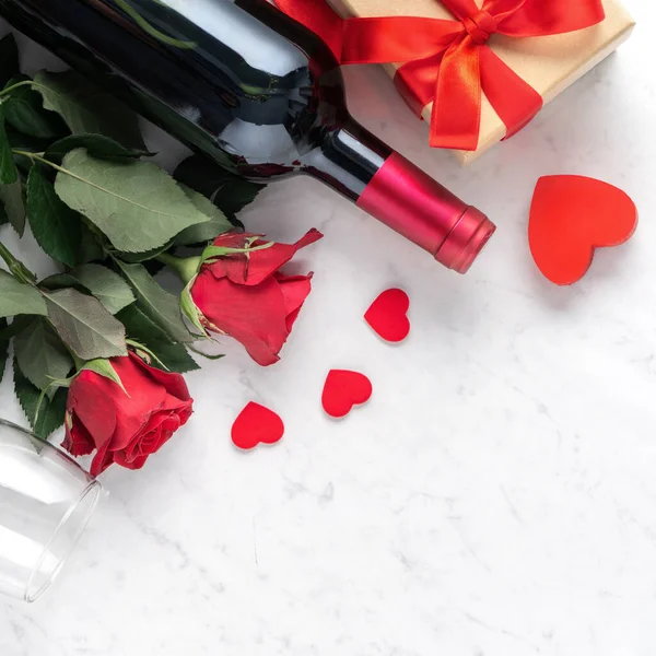 Top View Valentine Day Gift Rose Wine Festive Design Concept — Stock Photo, Image
