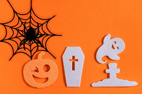 Top View Kreatív Halloween Koncepció Dekoráció Narancssárga Papír Asztal Háttér — Stock Fotó