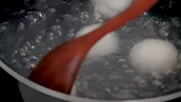 传统的大汤圆 冬至饭团和元宵节食品的烹调和煮沸 — 图库视频影像