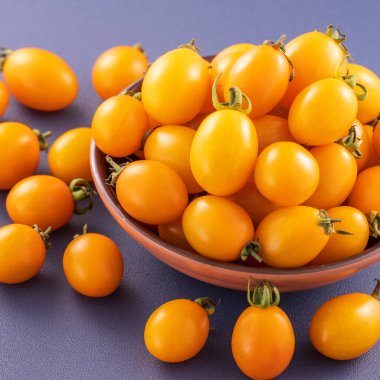 Taze kiraz domatesleri ahşap bir kasede mavi arka planda izole edilmiş, yakın plan, boşluğu kopyala