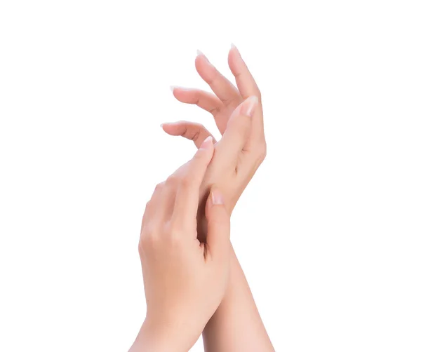 Mulheres Bonitas Elegantes Mãos Isoladas Fundo Branco Conceito Aplicação Creme — Fotografia de Stock