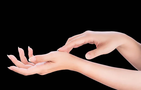 Beautiful Elegant Woman Hands Isolated Black Background Concept Applying Moisturizing — Stockfoto