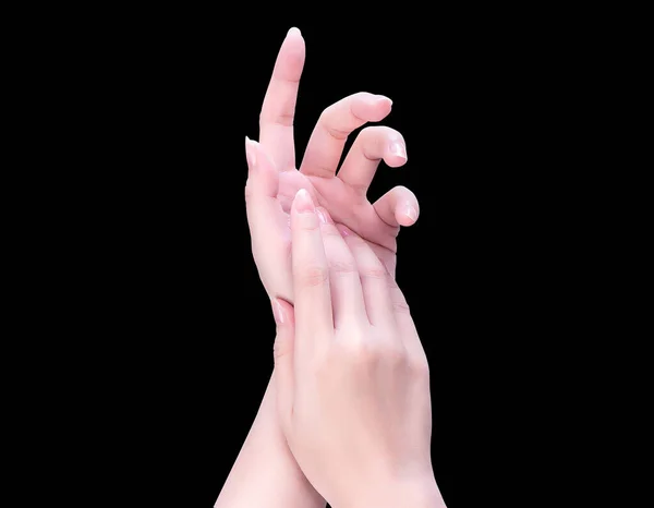黒の背景に隔離された美しくエレガントな大人の女性の空の手側 保湿クリームを適用する概念 ボディケア マニキュア 閉じる クリッピングパス — ストック写真