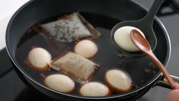 Cooking Boiling Traditional Taiwanese Famous Food Tea Eggs Black Tea — Stock Video