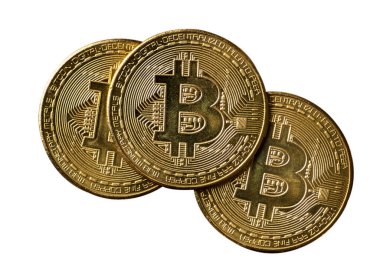 Top view business concept of bitcoin cryptocurrency money isolated on white background.