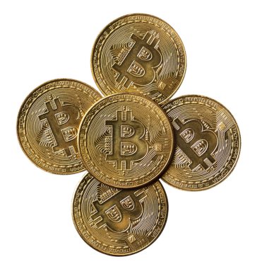 Top view business concept of bitcoin cryptocurrency money isolated on white background.