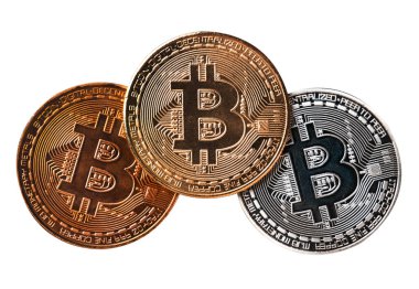Top view business concept of bitcoin cryptocurrency money isolated on white background.
