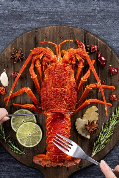 Top View Cooked Boiled Lobster Delicious Dinner Seafood Meal Set — Fotografia de Stock
