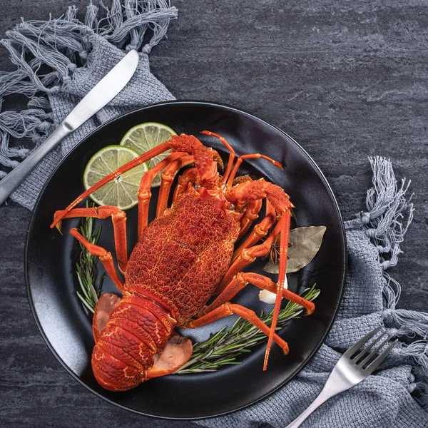 Top View Cooked Boiled Lobster Delicious Dinner Seafood Meal Set — Foto Stock