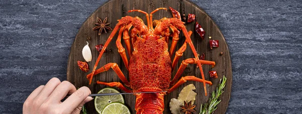 Top View Cooked Boiled Lobster Delicious Dinner Seafood Meal Set — Foto Stock