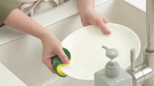 가정주부를 가까이 함으로써 부엌에서 스폰지 설거지를 함으로써 설거지를 — 비디오