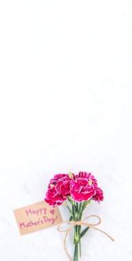 Anneler günü konsept fotoğrafçılığı - güzel karanfiller kraft yazılı kartla bağlanmış parlak modern masa, kopyalama alanı, düz yer, üst manzara, maket