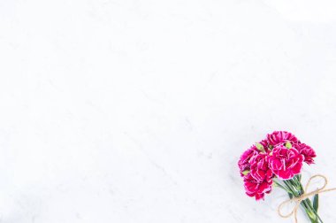 Anneler günü fotoğrafçılığı - Güzel karanfiller, parlak modern bir masa üzerinde izole edilmiş bir demet karanfiller, kopyalama alanı, düzlük, üst manzara, metin için boş