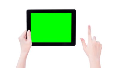 Beyaz arka planda izole yeşil ekran ile siyah bir tablet PC şablonu tutan genç güzel kız, yakın çekim, alay, kırpma yolu, kesilmiş