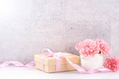 Anneler Günü hediye kutusu fotoğrafçılık dileği - pembe kurdele kutulu güzel karanfiller açık gri arka plan masasına izole edilmiş, kapatın, kopyalayın, taklit edin