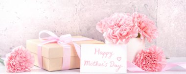 Anneler Günü hediye kutusu fotoğrafçılık dileği - pembe kurdele kutulu güzel karanfiller açık gri arka plan masasına izole edilmiş, kapatın, kopyalayın, taklit edin