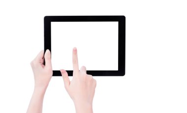 Beyaz arka plan izole beyaz ekran ile siyah tablet pc şablonu tutan genç güzel kız, yakın, mock up, kırpma yolu, kesip
