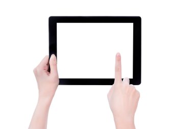 Beyaz arka plan izole beyaz ekran ile siyah tablet pc şablonu tutan genç güzel kız, yakın, mock up, kırpma yolu, kesip