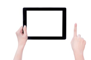 Beyaz arka plan izole beyaz ekran ile siyah tablet pc şablonu tutan genç güzel kız, yakın, mock up, kırpma yolu, kesip