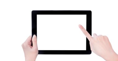 Beyaz arka plan izole beyaz ekran ile siyah tablet pc şablonu tutan genç güzel kız, yakın, mock up, kırpma yolu, kesip