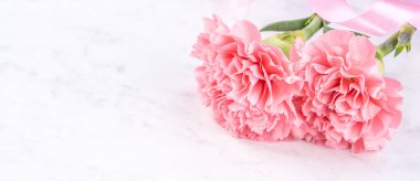 Anneler günü el yapımı hediye kutusu fikri, bebek pembe kurdeleli güzel karanfiller modern mermer masaya izole edilmiş, kapatın, kopyalayın, taklit edin