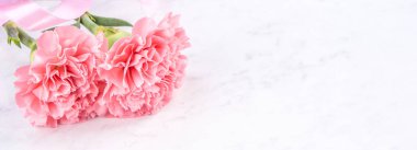 Anneler günü el yapımı hediye kutusu fikri, bebek pembe kurdeleli güzel karanfiller modern mermer masaya izole edilmiş, kapatın, kopyalayın, taklit edin