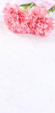 Anneler günü el yapımı hediye kutusu fikri, bebek pembe kurdeleli güzel karanfiller modern mermer masaya izole edilmiş, kapatın, kopyalayın, taklit edin