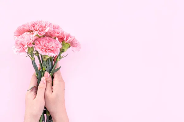 Mujer Dando Ramo Elegancia Floreciente Bebé Color Rosa Tiernos Claveles — Foto de Stock