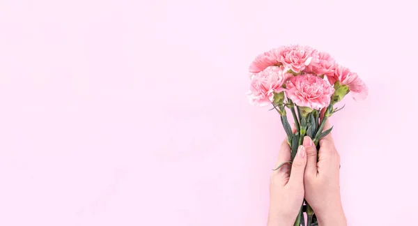 Mujer Dando Ramo Elegancia Floreciente Bebé Color Rosa Tiernos Claveles — Foto de Stock