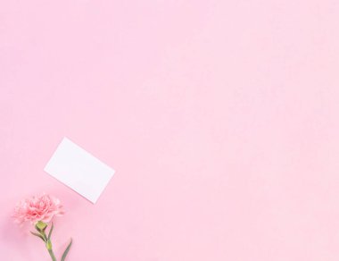 Üst görünüm, düz yatıyordu, mock up, kopya alanı, el yazısı tebrik kartı şablon soluk pembe arka plan ile izole, teşekkür fikir kavramı, dilek, zanaat karanfil buket