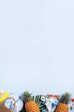 Yaz meyvesi tasarımı konsepti. Deniz kabukları, şapka, ananas ve mavi arka planda palmiye yapraklarıyla tatil gezilerinin en üst manzarası..