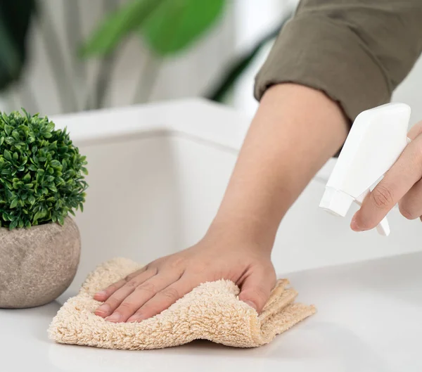 Vrouw Huisvrouw Doet Lente Schoonmaak Thuis Keuken Met Behulp Van — Stockfoto