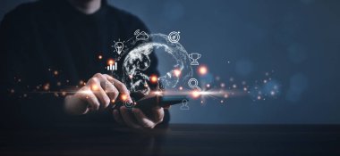 Akıllı telefon ve meta-sanal gerçeklik tasarımı ile teknoloji ve iş dünyası küresel internet bağlantısı uygulaması kavramı.