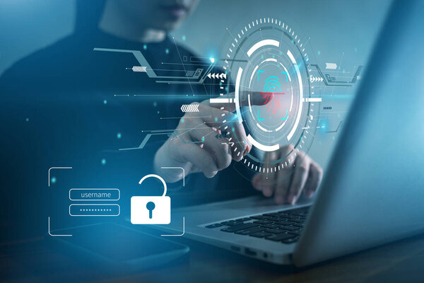 Иллюстрация входа в систему для защиты приборной панели с помощью сканирования отпечатков пальцев для доступа к защищенным сетевым данным с помощью биометрии.