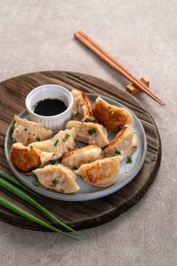 Tayvan ve Japon usulü kızarmış gyoza, gri masa arkasında soya sosu olan bir tabakta jiaozi yemeği yiyorlar..