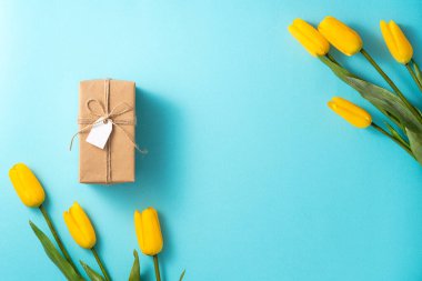 Anneler günü konsepti. Parlak mavi masa arkaplanındaki lale çiçeğini karşılama töreninin üst görünüm tasarımı.