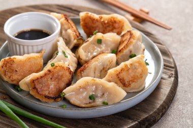 Tayvan ve Japon usulü kızarmış gyoza, gri masa arkasında soya sosu olan bir tabakta jiaozi yemeği yiyorlar..