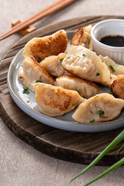 Tayvan ve Japon usulü kızarmış gyoza, gri masa arkasında soya sosu olan bir tabakta jiaozi yemeği yiyorlar..