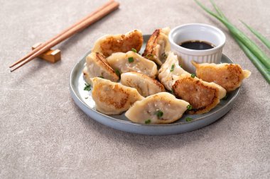 Tayvan ve Japon usulü kızarmış gyoza, gri masa arkasında soya sosu olan bir tabakta jiaozi yemeği yiyorlar..