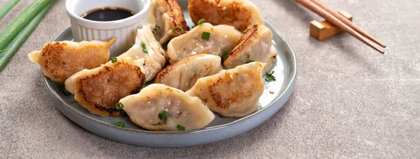 Tayvan ve Japon usulü kızarmış gyoza, gri masa arkasında soya sosu olan bir tabakta jiaozi yemeği yiyorlar..