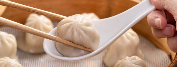 Gestoomde Varkenssoep Knoedels Genaamd Xiao Lange Bao Taiwan Taiwanese Beroemde — Stockfoto