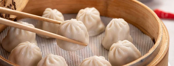 Steamed Pork Soup Dumplings Named Xiao Long Bao Taiwan Taiwanese — Foto de Stock