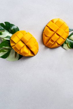 Mango arka plan tasarımı konsepti. Gri masa yaprakları ile kesilmiş taze mango desenli üst manzara.