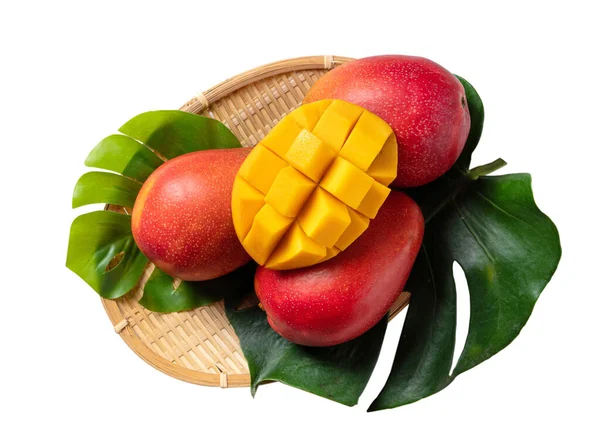 Lähikuva Kaunis Herkullinen Kypsä Mango Eristetty Valkoinen Pöytä Tausta Leikkaamalla — kuvapankkivalokuva