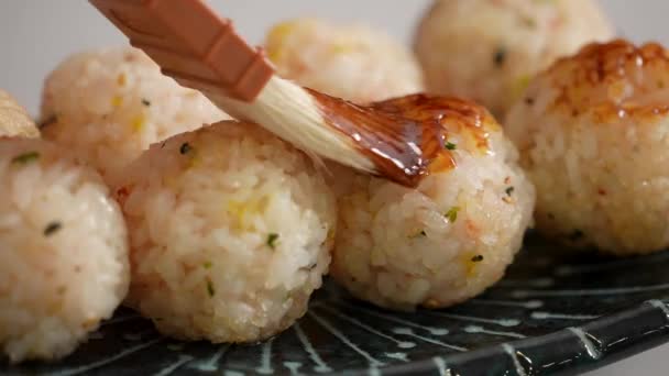 Brush Sweet Soy Yaki Sauce Mayonnaise Small Rice Ball Takoyaki — Stok video
