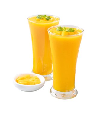 Fresh beautiful delicious mango juice. Close up design concept of smoothie cold drink in glass cup with glass straw isolated on white background.