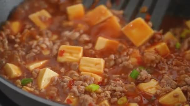 Cooking Mapo Tofu Homemade Stir Frying Tofu Hot Spicy Sauce — Stock Video